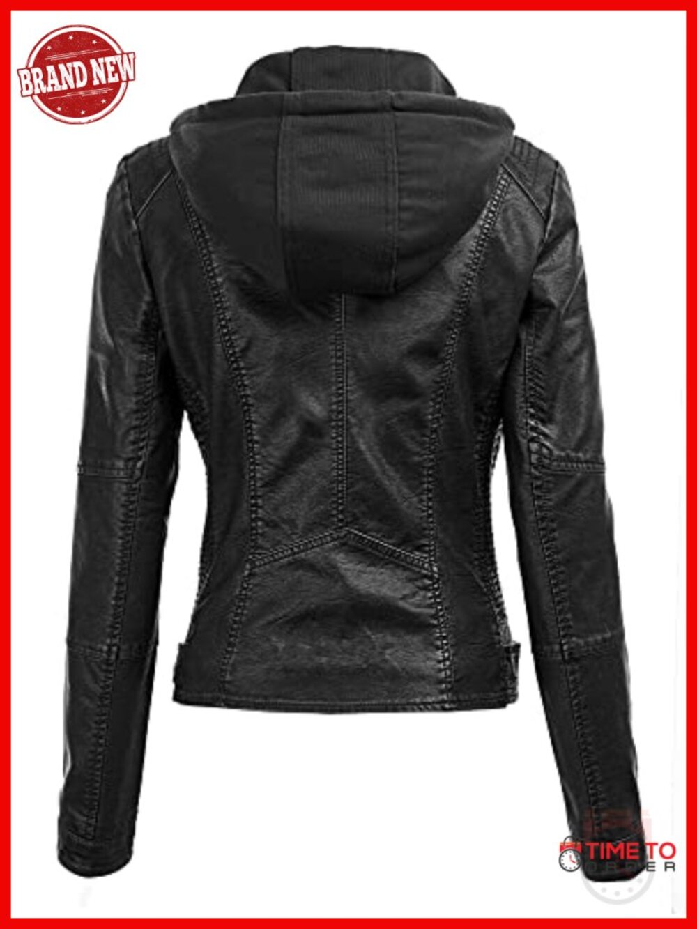 Faux Leather Moto Biker Jacket Coat with Removable Hood - Picture 3 of 6